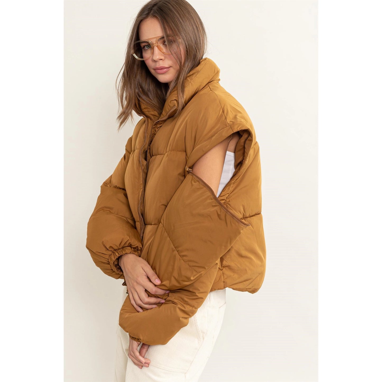 Pale Brown Detachable Sleeve Puffer Jacket